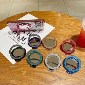 360-Degree Rotating Rhinestone & Glitter Mirror Stand — Universal Mobile Phone Holder, Desktop Support Ring, Adhesive Back Stand.