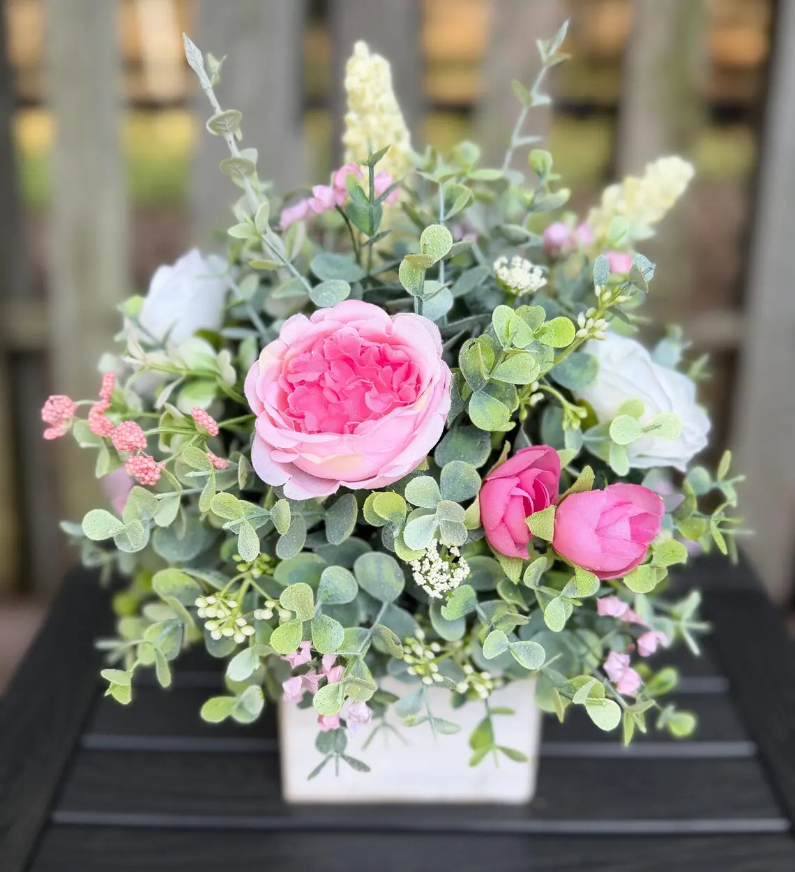 Pink & White Floral Centerpiece, Faux Flower Arrangement in White Wood Cube Box, Farmhouse Table Decor, Spring Summer Centerpiece