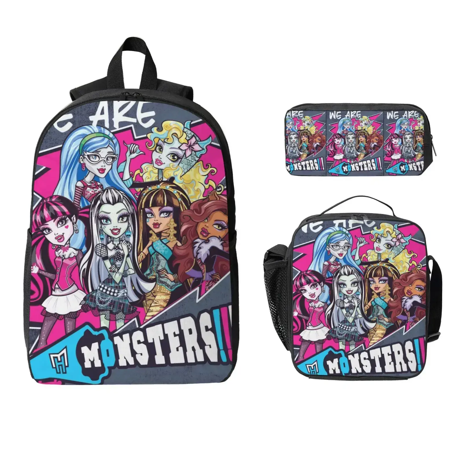 "Monster High" Backpack Set—ideal for school; includes a 17-inch backpack, a lunch bag, and a pencil case. Features adjustable shoulder straps and zipper closures; lightweight yet spacious—a back-to-school essential.