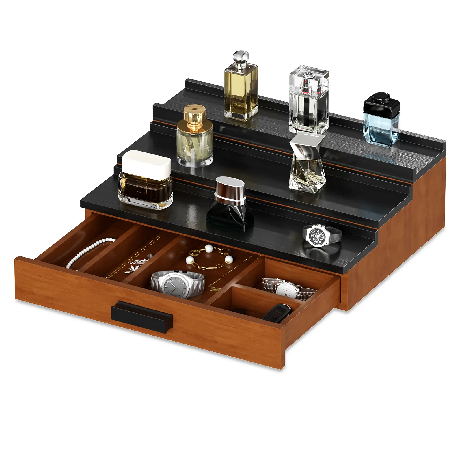 Wooden Cologne Organizer for Men, 3-Tier Cologne Stand, Black Perfume Organizer with Drawer Storage, Perfume Display Holder for Organizing and Storing Colognes and Accessories,dorm essentials,home decor