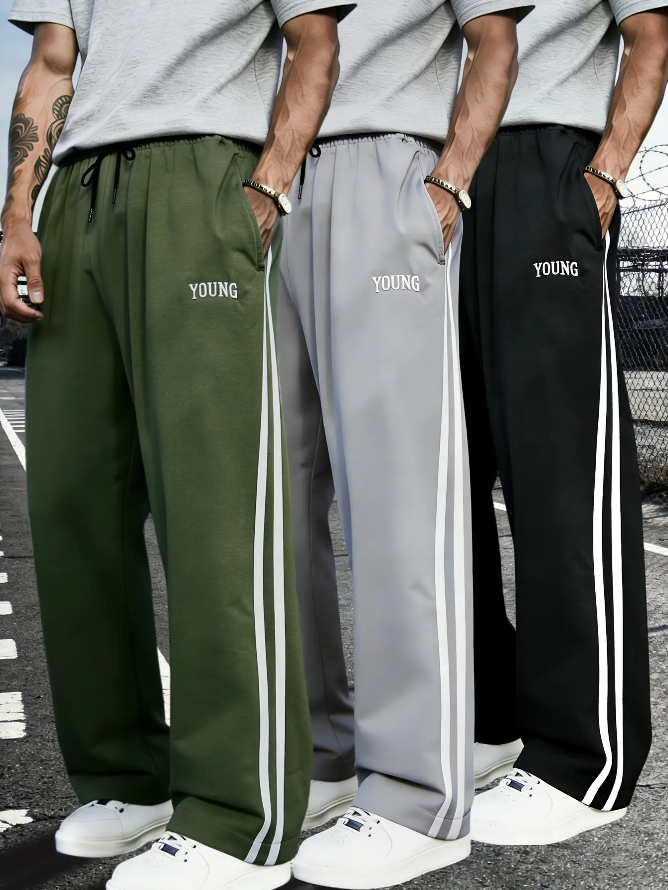 3-pack men’s all-season casual athletic pants featuring a drawstring waist, straight leg cut, and side 3D lines; lightweight, comfortable, breathable fabric suitable for daily commuting, work, travel, jogging, hiking, outdoor activities, and more.
