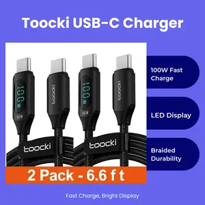Toocki 100W USB-C to USB-C Cable with LED Display Fast Charging 6.6ft 2-Pack for iPhone 15 Pro Max MacBook iPad Galaxy Samsung & More Devices