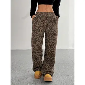Leopard Print Women's High Waist Sweatpants|   Wide-leg pants, elastic waistband, with pockets, lightweight stretch fabric for yoga, running, and casual wear