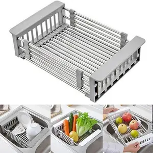 Extend Kitchen Sink Drain Basket, Adjustable Dish Drying Rack Over The Sink, Stainless Steel Kitchen Retractable Drain Sink Accessories Portable & Telescopic Space-Saving Extender for Vegetable, Fruit