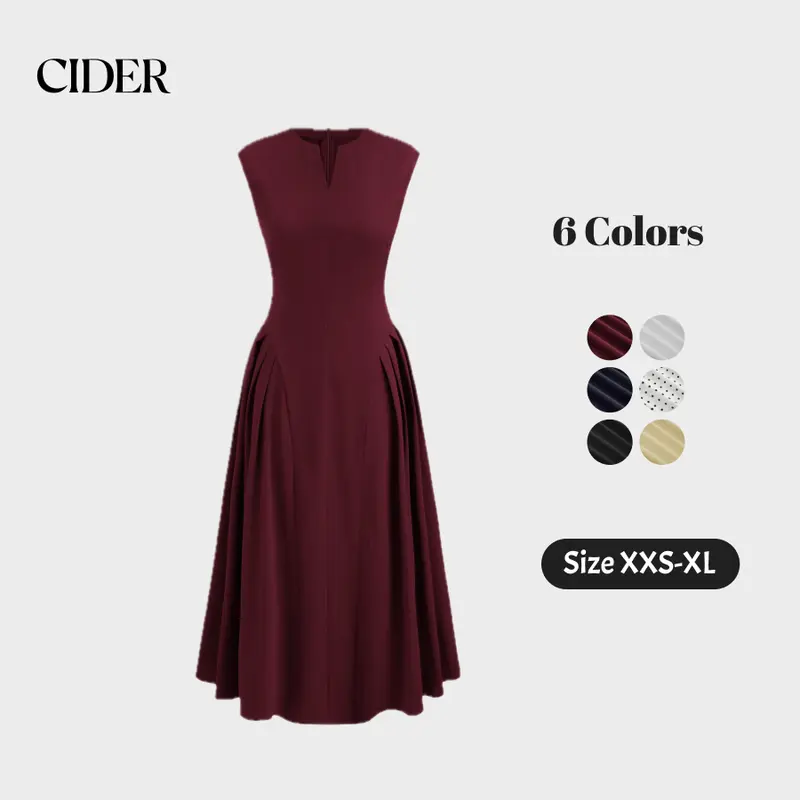 Cider V-neck Solid Pleated Sleeveless Maxi Dress