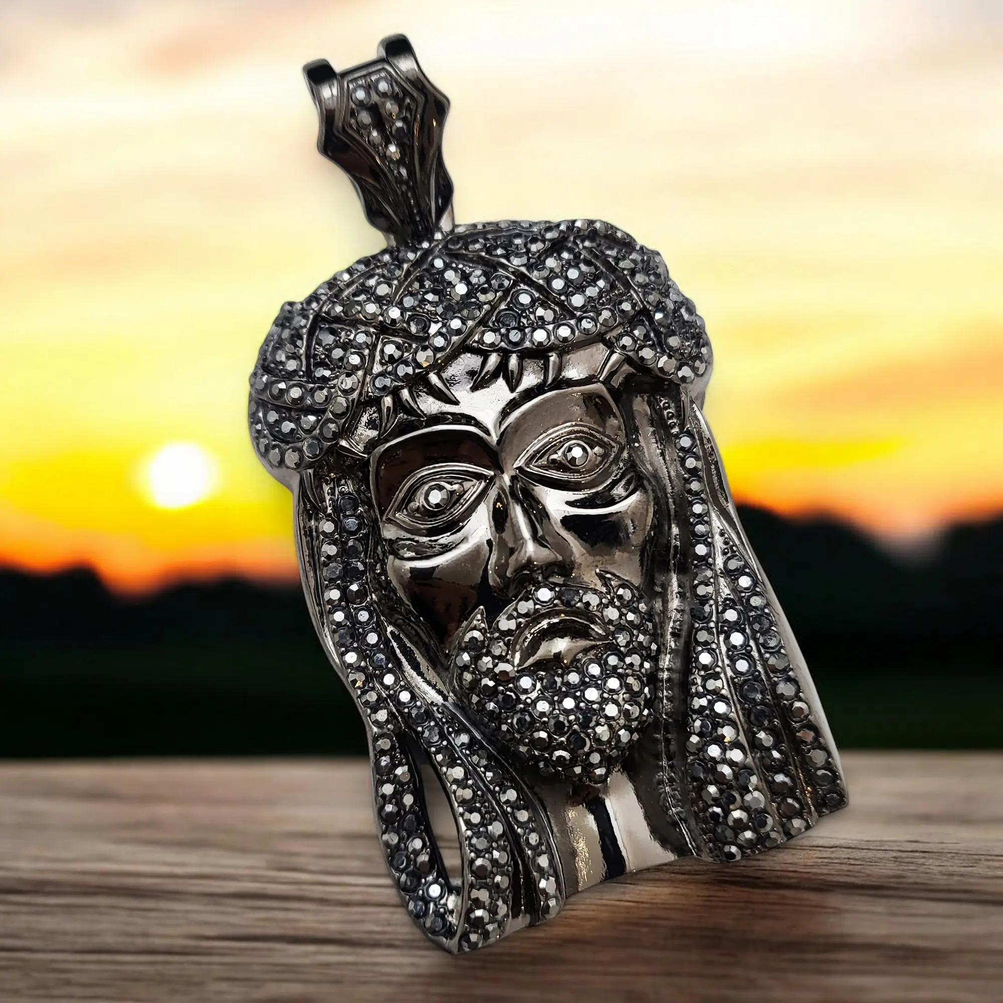 MaxBling81 Unisex Religious Iced Hip Hop Charm - 3.5" Tall 2" Wide Hematite-Plated Alloy Jesus Head Pendant with Cubic Zirconia, Spiritual Pendant, Religious Jewelry Gift for Casual Daily Wear, Iced Out Jewellery