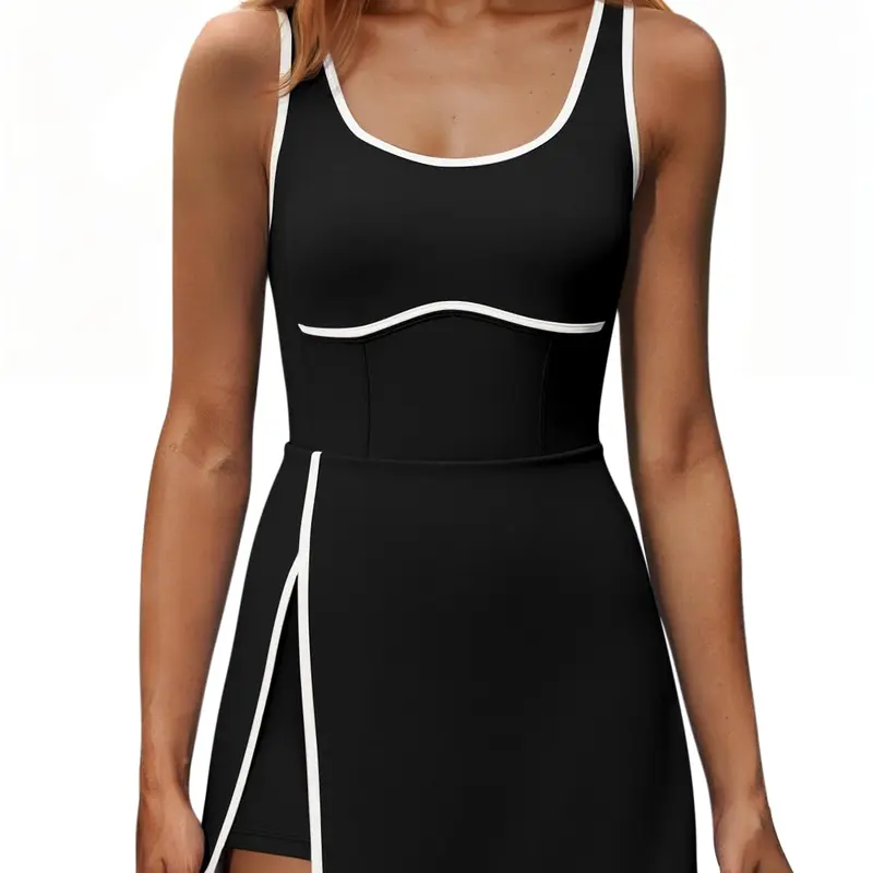 Fisoew Women's Cotton Sporty athletic dress - Built-in Bra, Shorts, Pockets, Cutout, Sizes S-2XL, Gym Clothes Women, Workout Dress for Tennis, Biking,sohochic