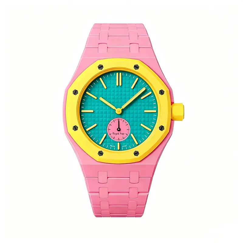 Minimal Octagonal Case Rubber Band Quartz Watch, Textured Grid Dial Matte Macaron Color Integrated Strap, Unisex Lightweight Casual Sports Dress Watch for School Travel Daily Outfit