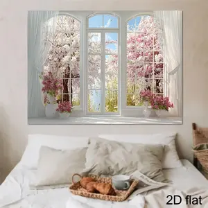 2D Flat Mural Backdrop - Summervibes Realistic Print, 3D Spring Scene, White Window Curtains, Blooming Trees, Soft Texture Polyester Sheets, Multi-Size Banner for Photo Props, Photography Backgrounds,summervibes