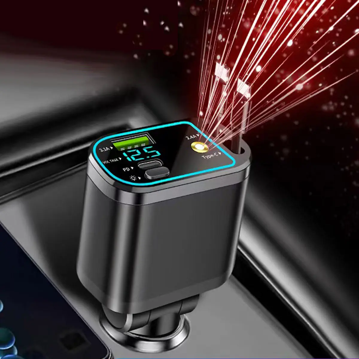 5 in 1 car charger, Retractable Car Charger with Starry Sky Light USB 3.1A Type C USB C Fast Charging Mobile Phone Charger, Supports Voltage Detection, Super Fast Charging, USB Smart Charger, USB Powered Charging, Charger for Car