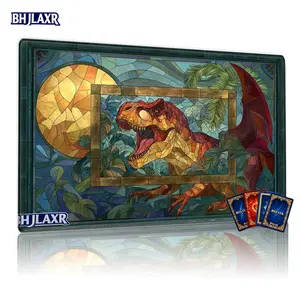 Stained Glass Dinosaur T-Rex Prehistoric Jungle TCG MTG Playmat 12x24inch Non-Slip, Family Party Card Game Mat, Perfect Gift for Enthusiasts