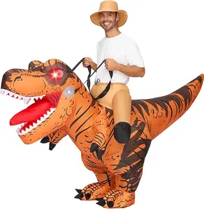 Adults Inflatable Costumes Riding a Light-Up Eyes T-rex Rawr Blow Up Costumes for Halloween Parties