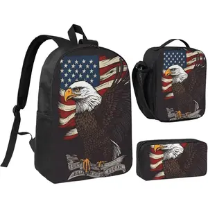 3PCS USA Patriotic Eagle with American Flag Backpack Set with Insulated Lunch Box Pencil Pouch, 17inch Lightweight Laptop Bags Shoulder Lunch Bag and Pencil Case Bag 3-in-1 Set