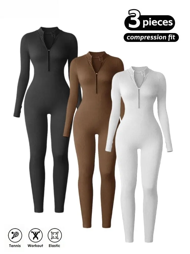Zipper sports jumpsuit for women, seamless tight fitting slim thread, stand up collar collar, thumb hole sports long sleeved pants jumpsuit, warm ski suit for wear in autumn and winter, suitable for daily leisure, exercise, skiing, and hiking