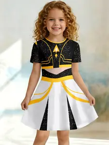 Girls' Cool Asymmetric Dress, Sparkle Print, Geometric Lines Baby Dress, Casual Short Sleeve Knee Length One-Piece, Sparkly Glitter Dresses