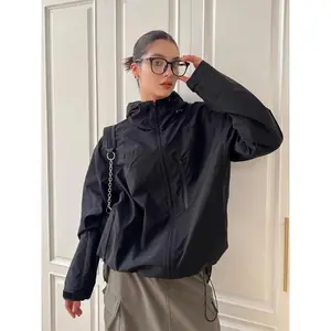 Women’s autumn outdoor jacket/windbreaker — vintage hooded zip-up, casual loose fit, women’s neutral sporty style