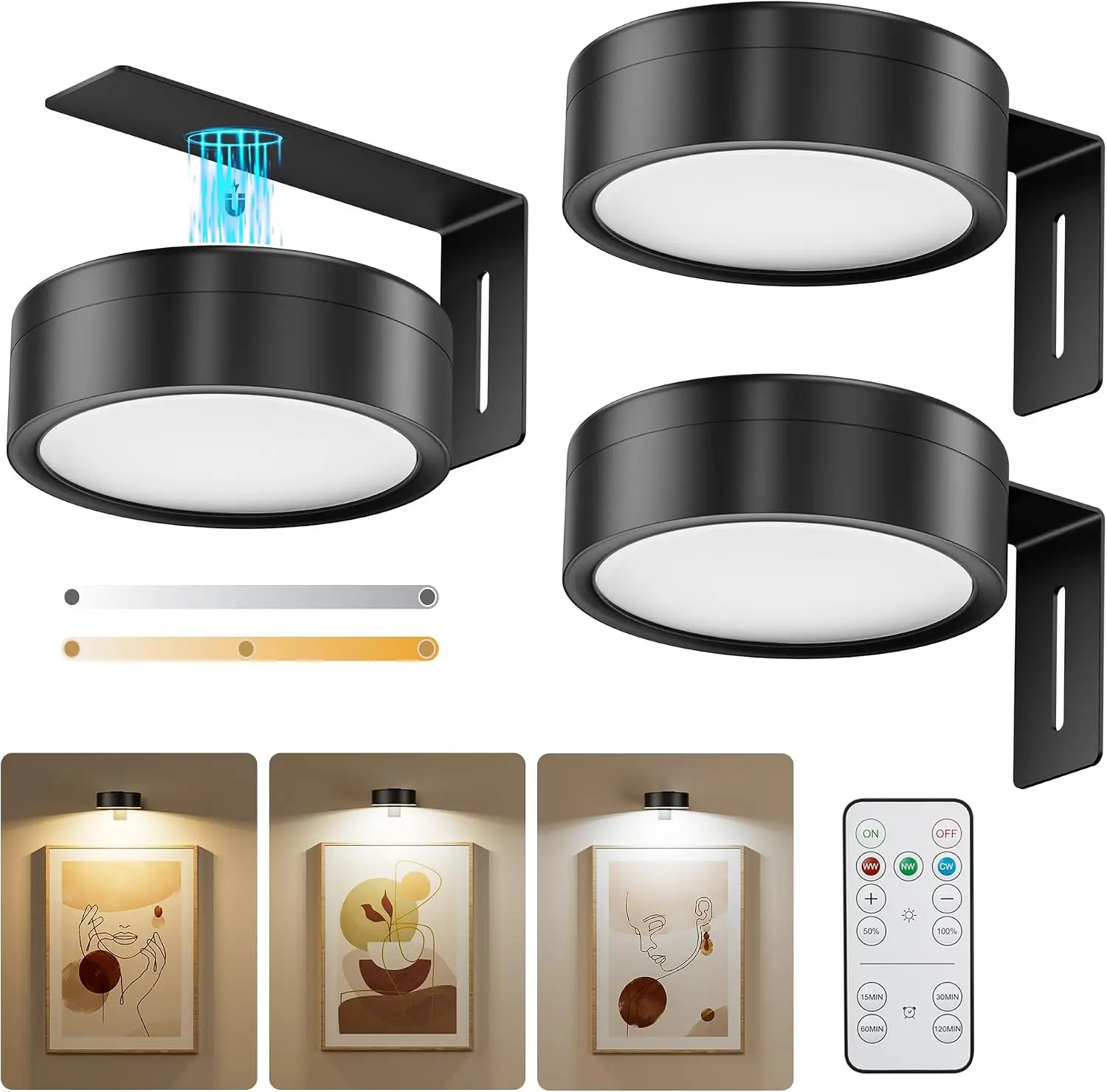 3 Pack Magnetic Wireless  RGB LED Picture Lights,  Adjustable Gallery Display Lighting, Aesthetic Wall Decor For Bedroom, Apartment And Home Gallery Walls