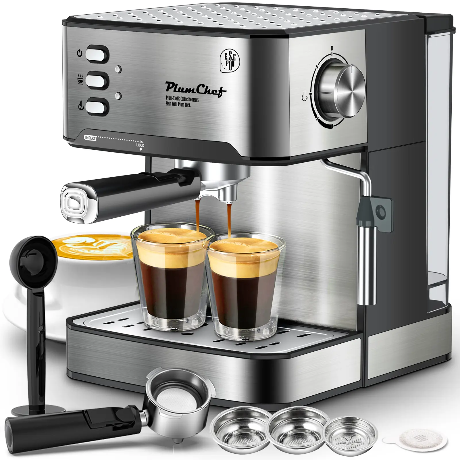 20-Bar Stainless Steel Automatic Espresso Machine with Milk Frother, Single & Double Shot, ESE Pod Compatibility, Removable Water Tank & Drip Tray for Home Coffee Makers, Cappuccino, Latte