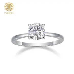 Unimoiss S925 1-2ct Round VVS Synthetic Moissanite Solitaire Four-Prong Ring Band Engagement Wedding Valentine's Day Gifts For Her