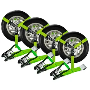 VULCAN Car Tie Down with Flat Hooks - Lasso Style - 2 Inch x 96 Inch - 4 Pack - High-Viz - 3,300 Pound Safe Working Load Tire