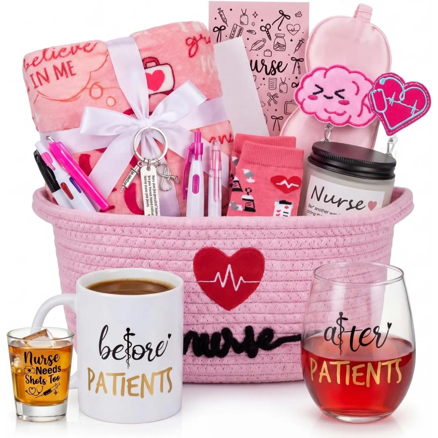 Zopeal 13 Pcs Luxury Nurse Appreciation Gift Basket Nurses Week & Graduation Gifts with Coffee Mug,Wine Glass,Candle,Blanket,Badge Reels,Pens,Socks,Before After Patients Gifts Set(Nurse,Pink)