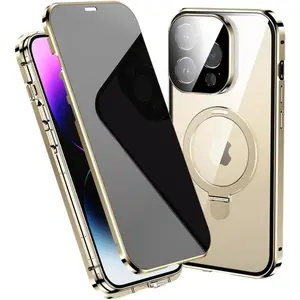 For iPhone 17 16 15 14 13 Pro Max Anti-Peeping Privacy Screen Metal Bumper Magnetic Case Full Body Protection Cover Magsafe Ring