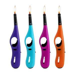 Navpeak Plastic Long Stick Outdoor Portable Lighters - 8.07in Utility Lighters with Safety Lock, Butane Gas Refillable (Butane Included), 4-Pack for Stove, BBQ Grill, Fire Starters