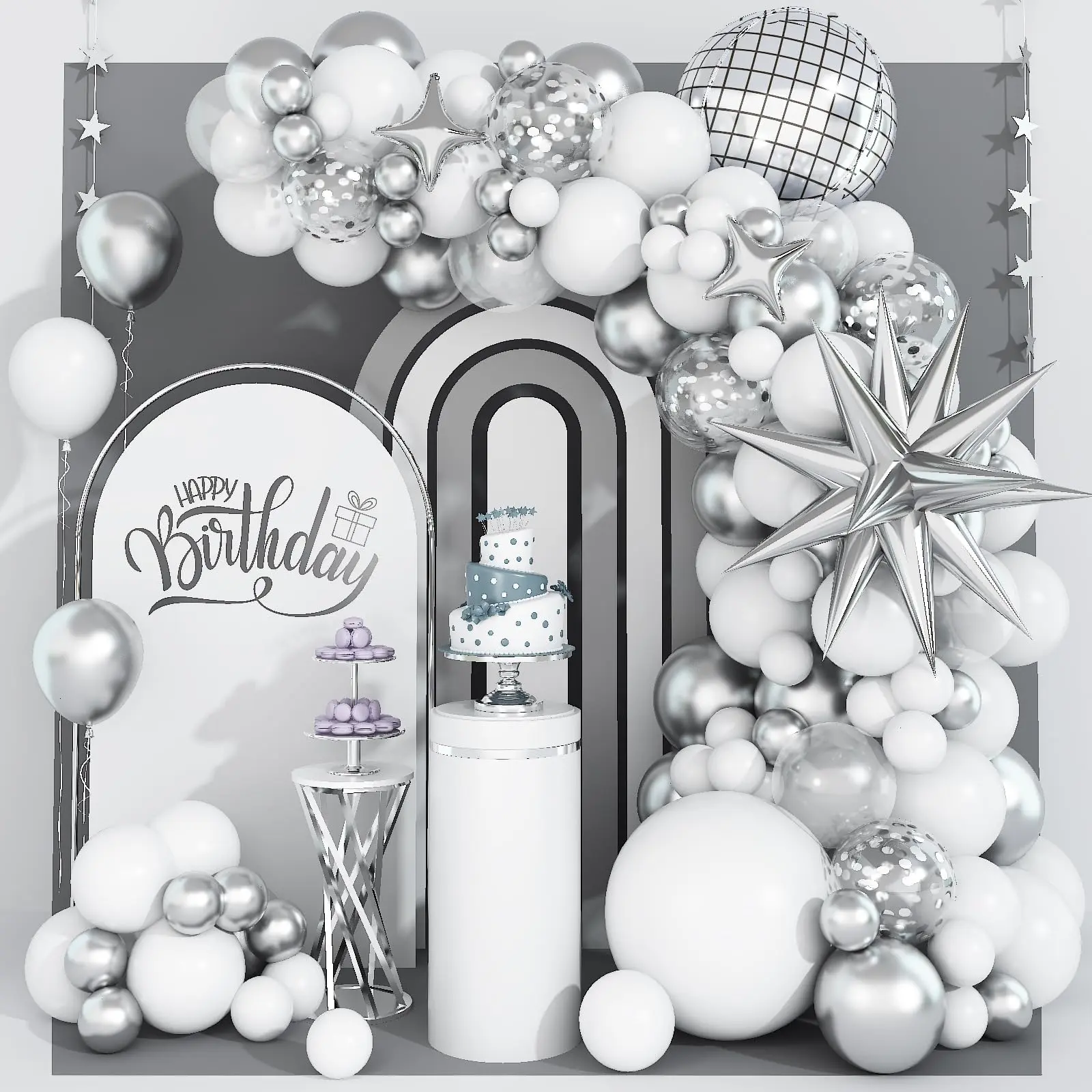 White And Balloon Arch Garland Kit Star Confetti Metallic Decoration With 18 Inch 4d Disco Foil For Birthday Shower Wedding Anniversary Party Decor