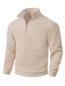 Men's Fall Winter Outfits Plain Polar Fleece Stand Collar Half Zip Pullover Long Sleeve Sweatshirt for Daliy Wear, Old Money Style Minimalist Casual Street Fashion Versatile Essential Wardrobe Item.