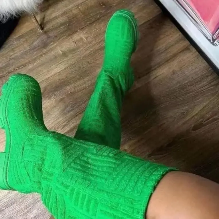 Knee High Fashion Boot - Green , black , pink & brown Knit Over-the-Knee Boot with Textured Design for Stylish Comfort