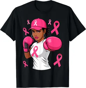 100% Cotton Unisex Women Black African American Fight Breast Cancer Pink Ribbon T-Shirt