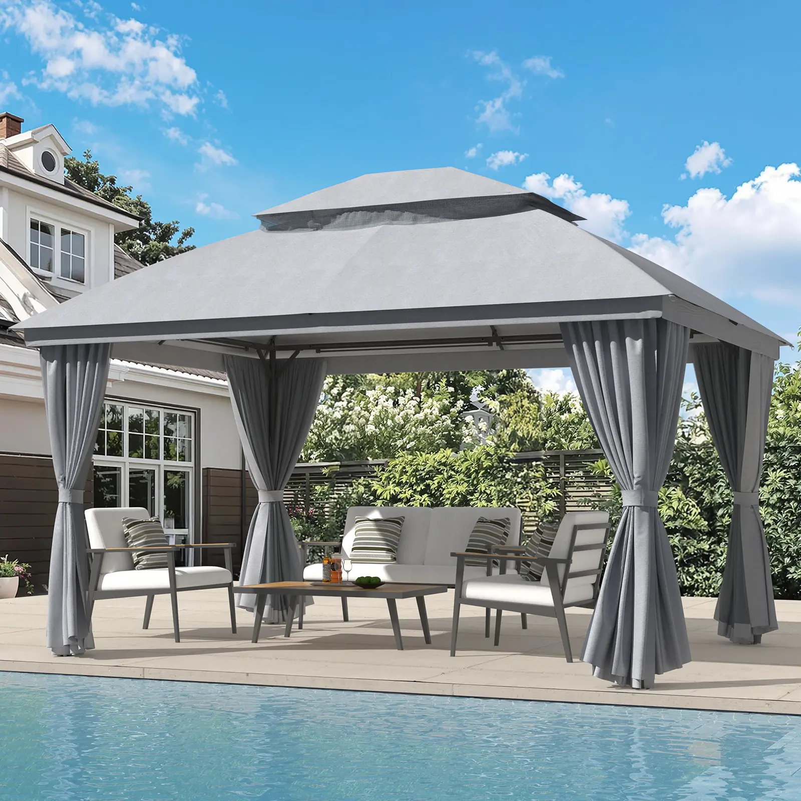 Onbrill 10×13 FT Outdoor Patio Gazebo, Heavy-Duty Metal Frame Ventilated Outdoor Shade Canopy with Double Roofs, Mosquito Netting & Curtains for Backyard Watch Parties, Garden Deck Use, Ventilated Canopy