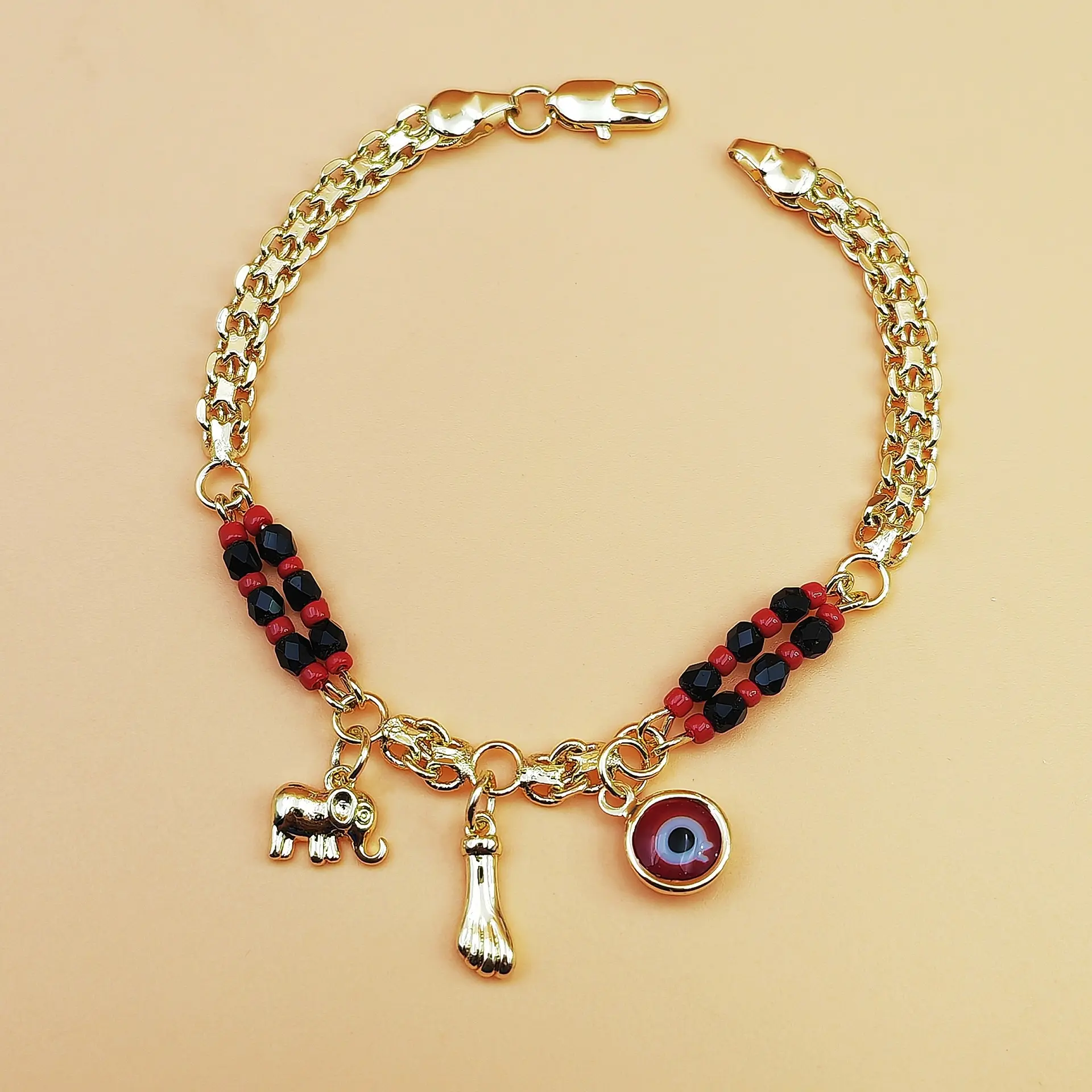 Women's Evil Eye Bracelet, Handmade Plated Brass with Lucky Elephant Charm, Protective Symbol Accessory Jewelry for Everyday Wear, 7.5in, Lucky Bracelet