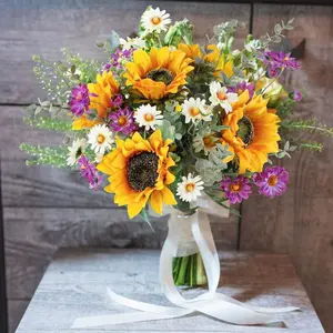 Artificial Sunflowers Bouquet Fake Flower Bouquet with Sunflowers for Bridal Bouquets Wedding Centerpieces Decor Party Table Gravesites Fall Floral Arrangements Home Decoration