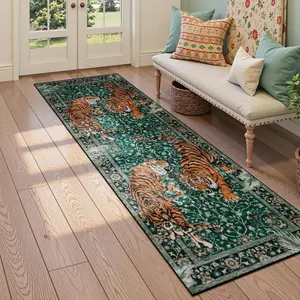 Vintage Jungle Tiger Indoor Runner, Tiger Pattern Rug, Soft Washable Carpet, Boho Style, Thick and Plush, Foldable, Ideal for Hallway, Bedroom, Living Room