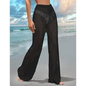 BreathSunny Women's Beach Cover Up Pants Hollow Cut Drawstring Elastic High Waist Bathing Suit Mesh Sheer Wide Leg Pant