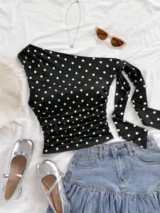 Women's Y2K Style Polka Dot Print Ruched Asymmetric Shoulder Top, Elegant Slim-Fitting Casual Shirt, Trendy Fashion Upper Garment, Womenswear, Casual Classy Top