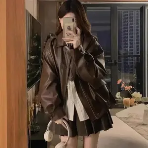 Women’s Maillard Brown Motorcycle Leather Jacket, 2025 New Spring/Autumn, American Retro Windproof PU Jacket Coat, Tide Style — Gift GARMENTARY