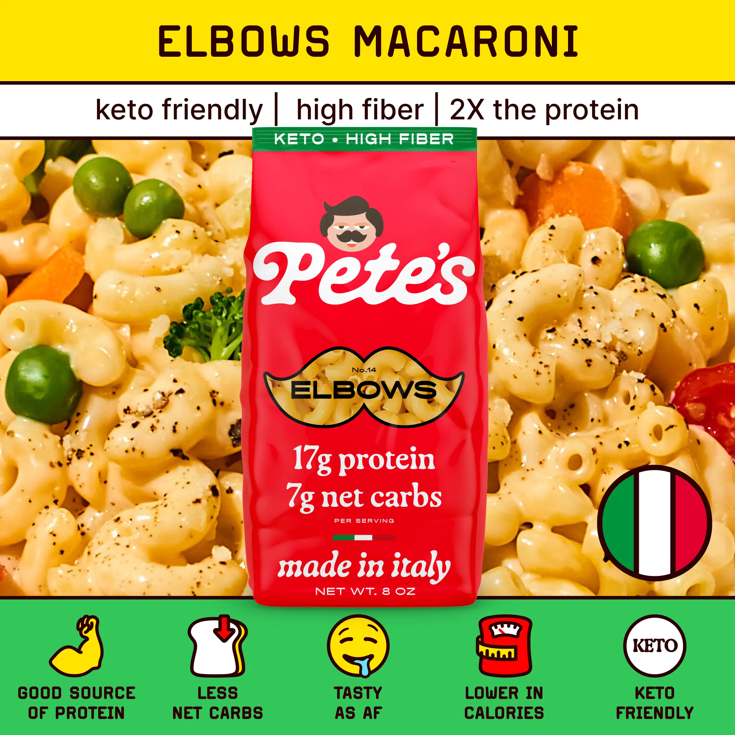 Elbow Macaroni – Protein-Packed, Less Carbs, Made in Italy | Pete’s Protein Pasta