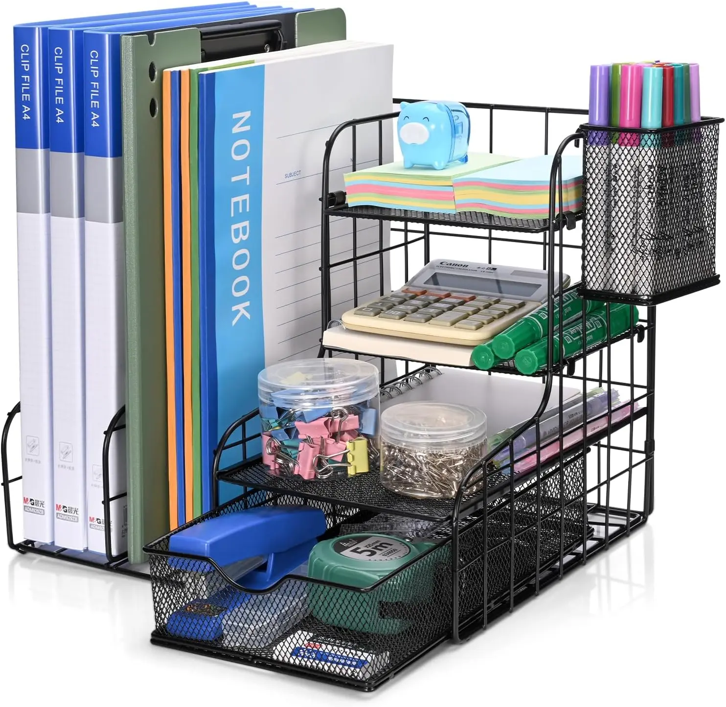 4-Tier Paper Letter Tray Organizer with File Holder, Desk Organizer with Drawer and Pen Holder, Mesh Desktop Storage with Magazine Holder for Office Supplies
