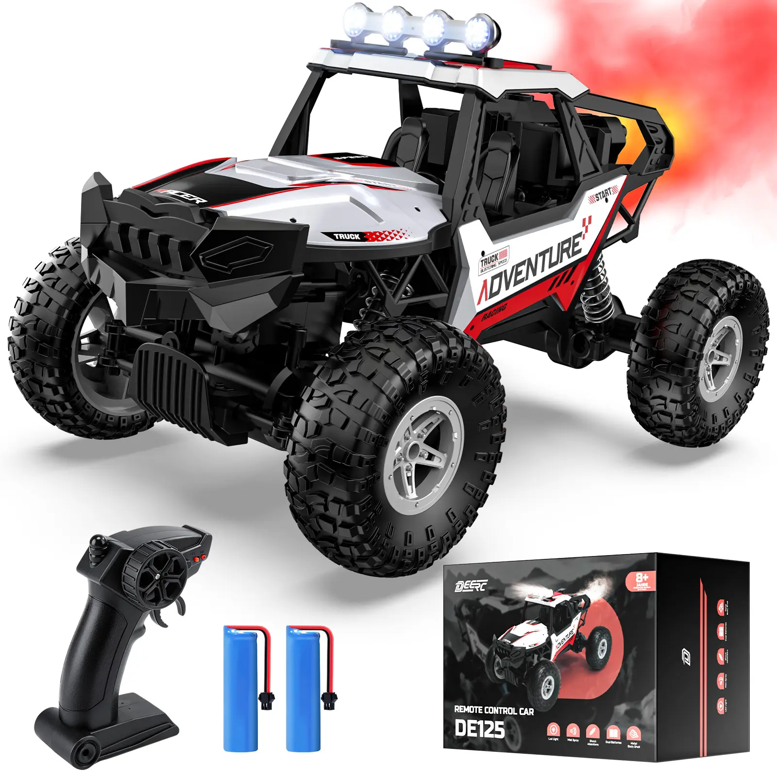 DEERC DE125 1:14 RC Rock Crawler, 4WD Remote Control Off-Road Monster Truck with Mist Spray, Metal Shell, LED Lights, 2.4GHz All-Terrain Car, 2 Batteries, Gifts for Kids & Adults
