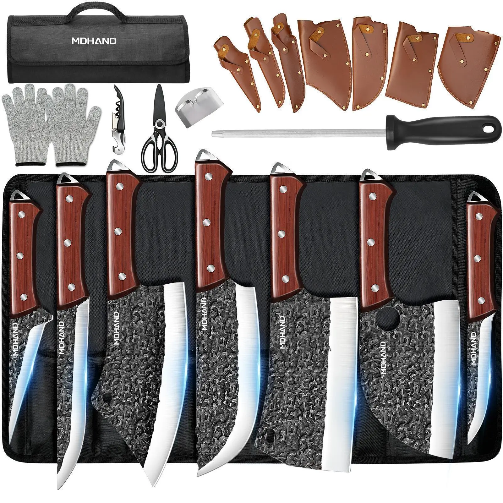 【Summerfinds】MDHAND Professional Kitchen Chef Knife Set, Hand Forged High Carbon Stainless Steel Blades for Meat, Slicing, Chopping, Boning, Knife Set with Roll Bag