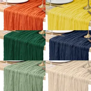 Bohemian Crinkled Table Runner with Sheer Fabric and Vintage Country Style, 55x300cm or 90x300cm, Perfect for Weddings, Parties, Festivals, Restaurant and Home Decor