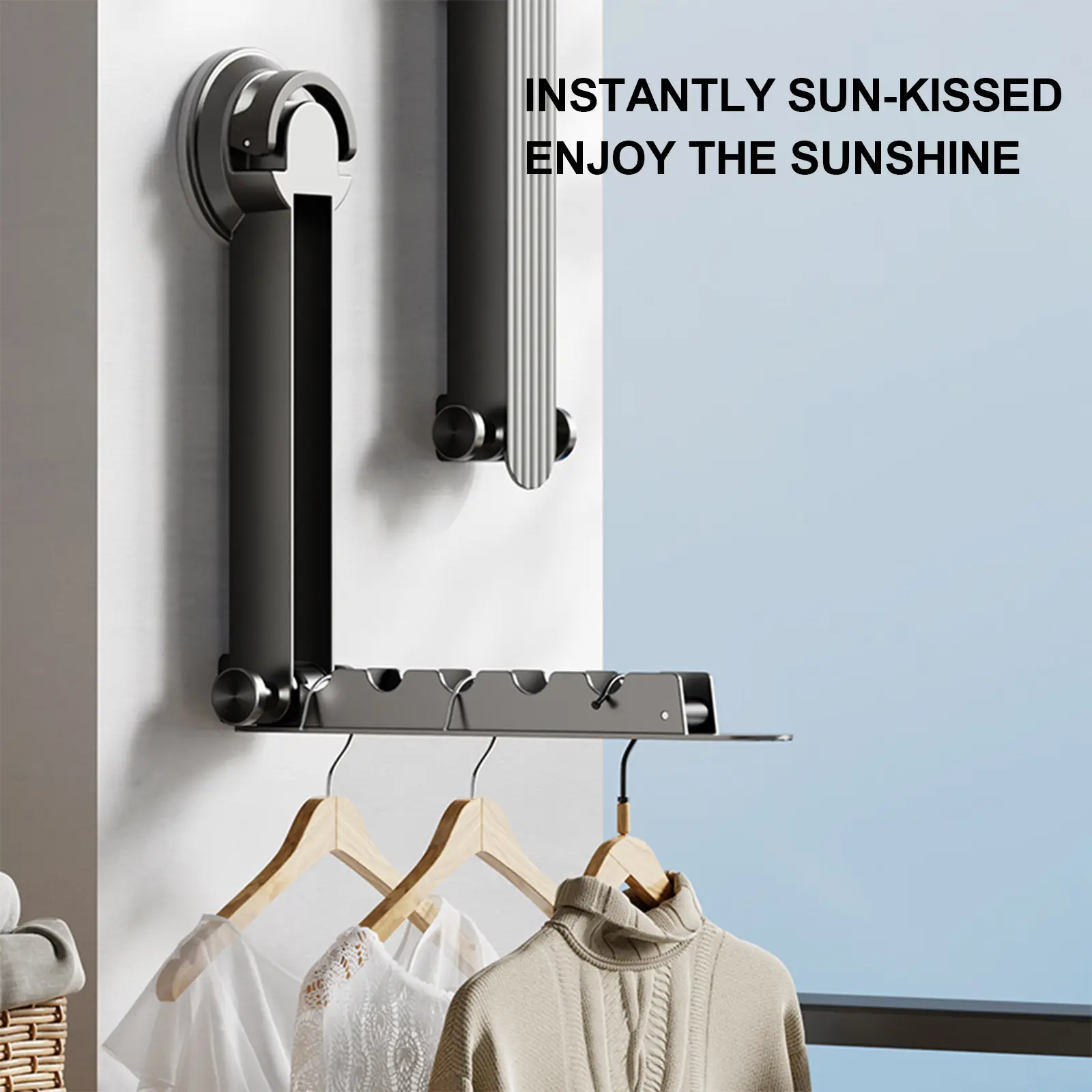 All-Metal Space Aluminum Foldable Suction Cup Hanger Set - Strong, No-Drill Hooks, Retractable, Portable, Space-Saving Drying Rack, Gunmetal Grey/Pure White for Bathroom, Laundry Room, Strong Suction Cup, Suction Cup Hooks