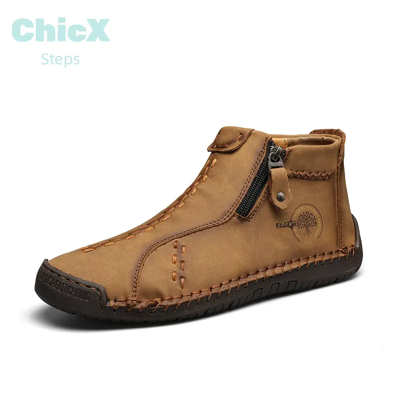 ChicX Steps Men's Hand-Stitched Leather Ankle High Closed Footwear - Waterproof, Slip Resistant, Cushioned Soles, Soft, Lightweight, Comfortable Walking Tactical Work Shoes