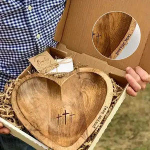 Wooden Heart Shaped Prayer Bowl with 24 Prayer Cards, Handcrafted Vintage Prayer Bowl with Cross & Letter Pattern, Religious Decorations for Home Living Room Bedroom Church Ornaments Christian Ornaments, Thanksgiving Home Decor, Thanksgiving Hostess Gifts