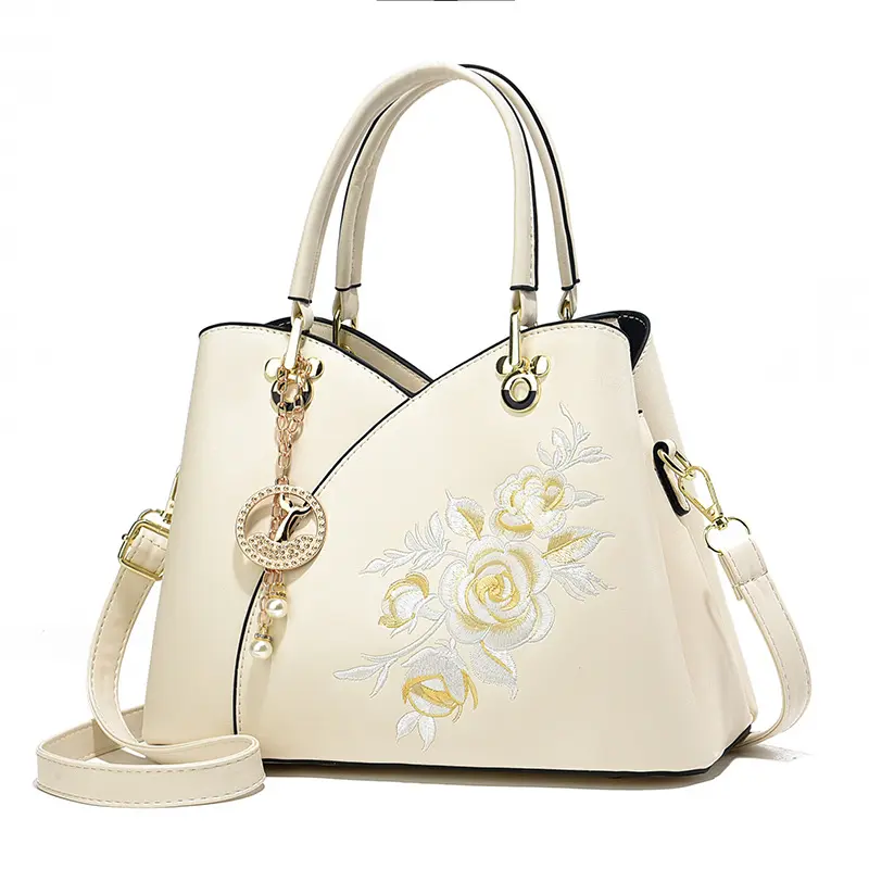 Women's Fashion Embroidered Floral Leather Crossbody Bag Spacious Beige Handbag with Gold Hardware Accessories