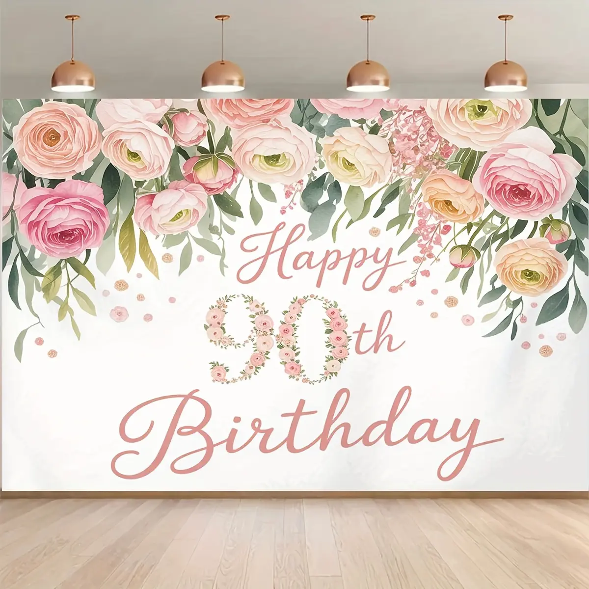 90th Birthday Elegant Floral Backdrop Banner - Soft Durable High-Quality Textile, Pink Roses, Greenery, 2D Flat White Flower Ornaments, Indoor Decorative Photo Booth Party Photography Background Decoration, Glam