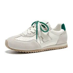 Women's Classic Thick-Soled Vintage Color-Blocking Closed Athletic Sneakers - Sneakers for Women, All-Season Green & White Outdoor Casual Footwear with Green Laces for Training, Walking, Women's Sneakers