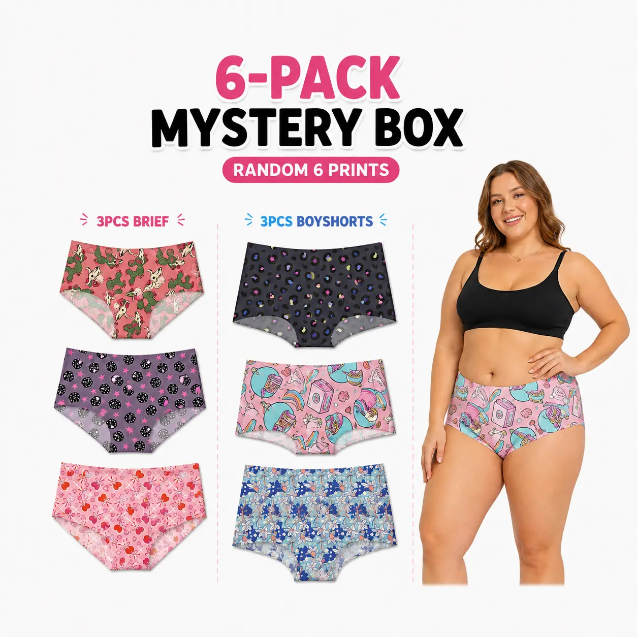 Women's Seamless Panties Blind Box (3 Briefs + 3 Boyshorts) - Printed Design, Soft Stretchy Fabric for Everyday Wear, Sizes XS-4XL, 3 Boyshorts + 3 Briefs
